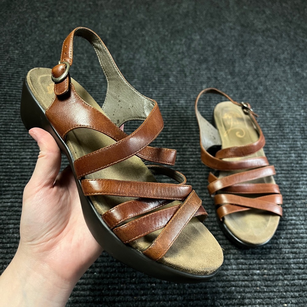 Dansko Strappy Leather Wedge Sandals Women 38 Brown Slingback Comfort Shoes boho